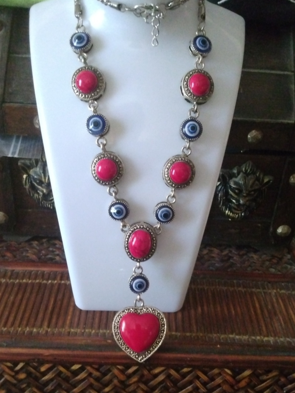 Pink & Blue Evil Eye Statement Necklace Like New